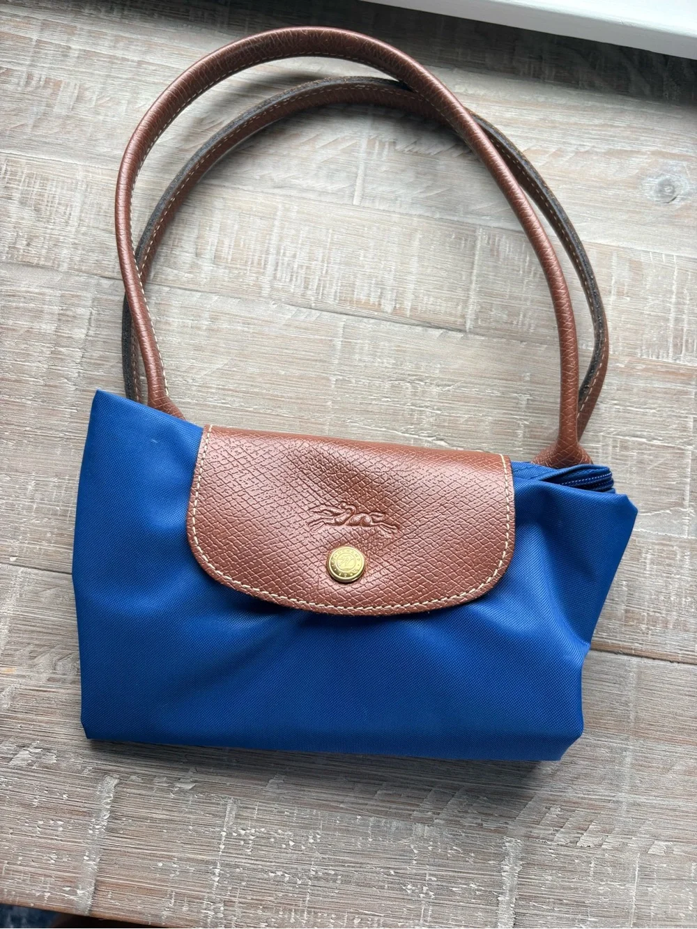 Longchamp Le Pliage Blue Nylon Tote with Brown Leather Trim